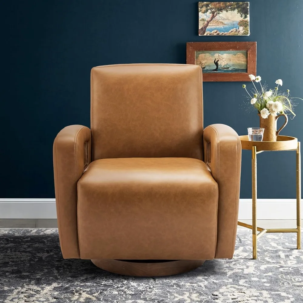 Swivel Accent Chair, Faux Leather Swivel Chair with Solid Wooden Base | Living Room Armchair Single Sofa for Small Spaces