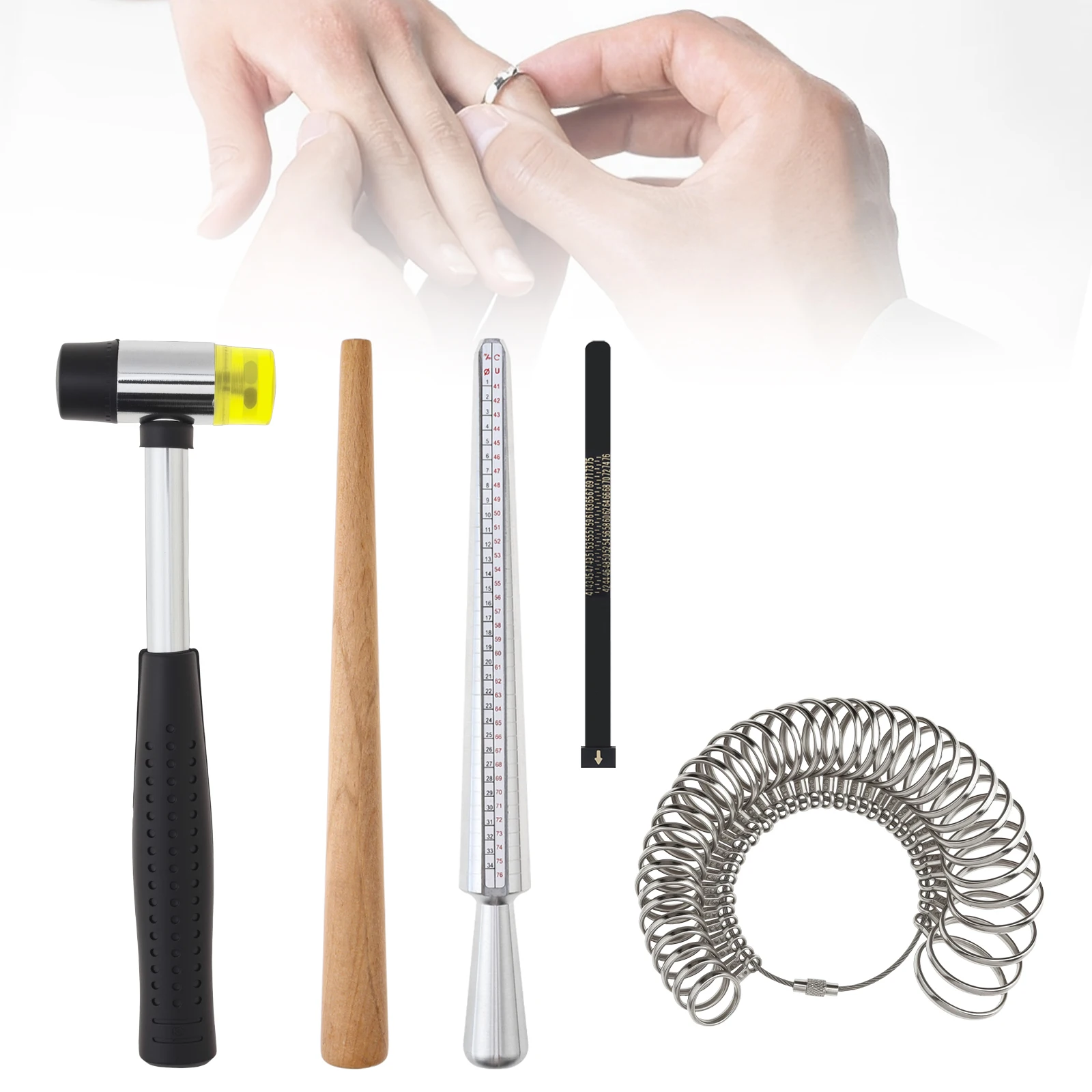 

5pcs Four Yard Ring Stick Circle Measuring Band Ring Sizer Jewelry Making Kit Rubber Hammer Finger Wood Ring Shaper Tool