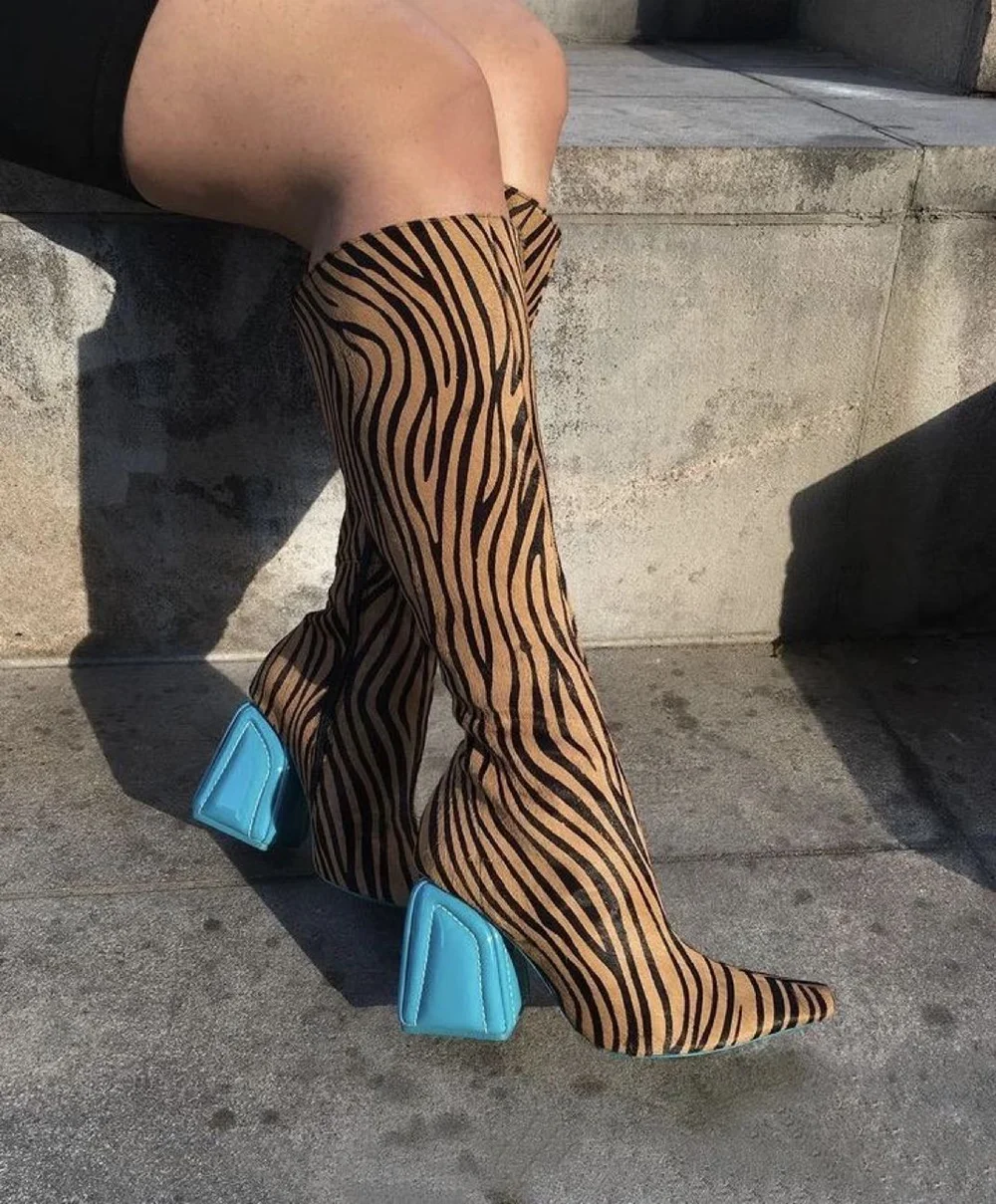 

Fashion Zebra-Print Pointed Toe Over-the-Knee Boots Bold Turquoise Block Heel Color Contrast Design Footwear for Winter Outfits