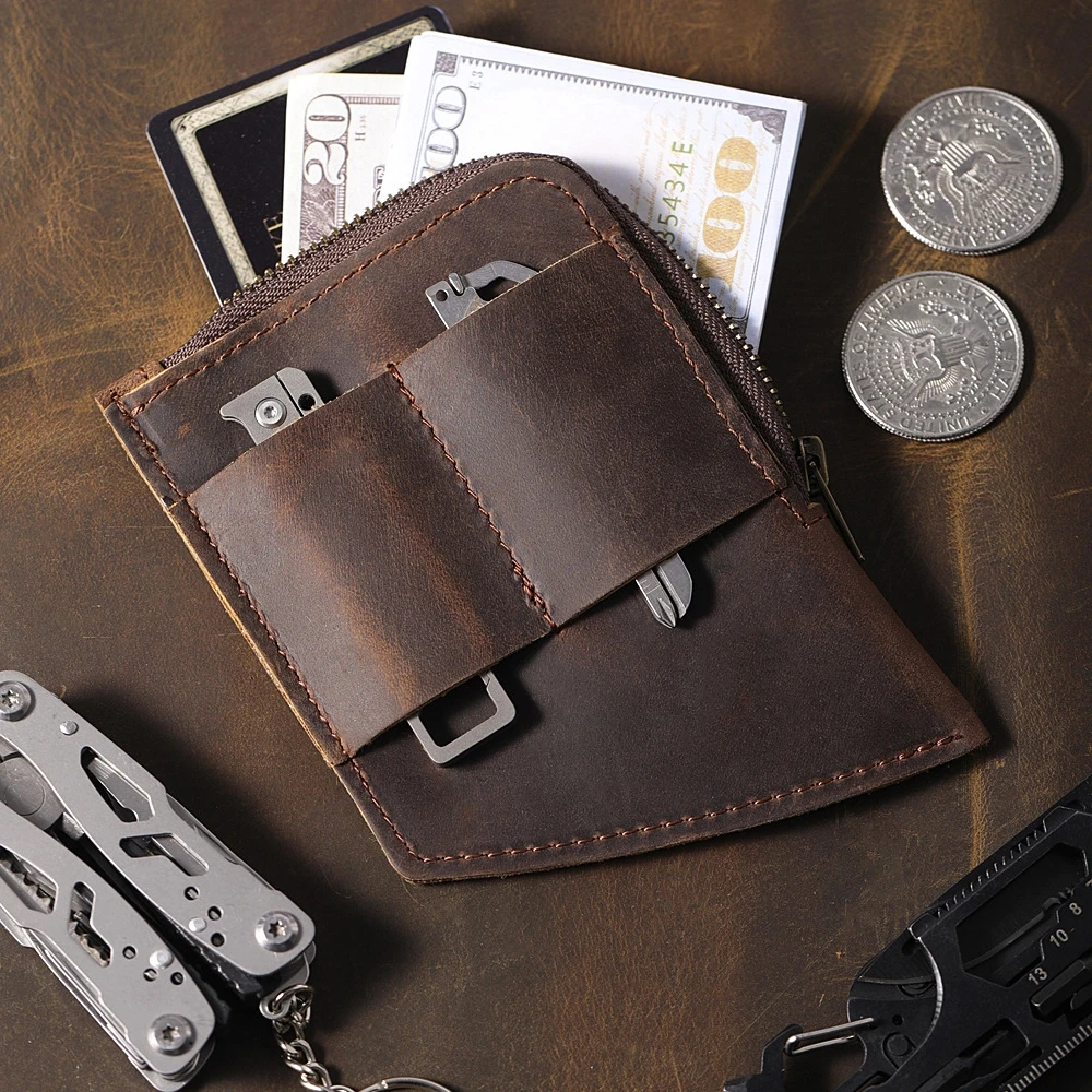 pocket EDC tools accessories geniue leather storage bumbag bag cowhide mini purse wallets holders for coins hardware man gift