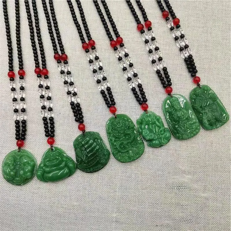 2022 Retro Buddha Green Jade Pendant Necklace Ethnic Religion Sweater Necklace Accessories Wholesale