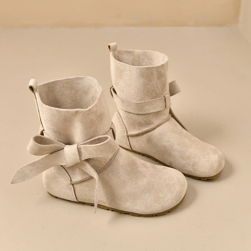 

Одинарные ботинки на плоской подошве с бантом, новые осенние короткие ботинки с круглым носком и мягкой подошвой, противоскользящие износостойкие короткие ботинки