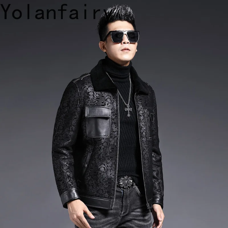 YOLANFARIY Sheepskin Real Leather Fur Coat Mens Motocycle Short Coats Natural Wool Jacket Men Winter Clothes Casaco Masculino