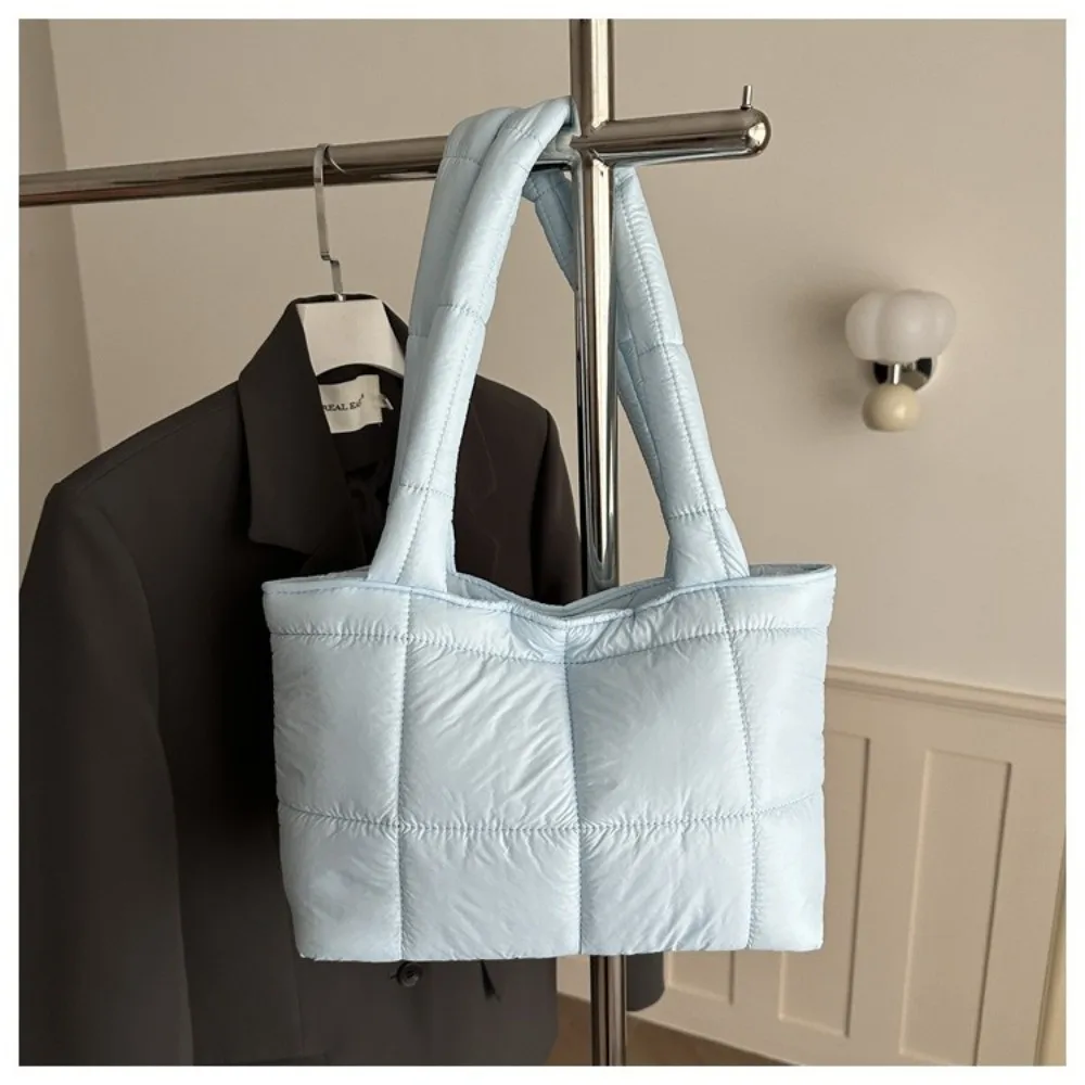 Fashion Cubic Grid Quilted Puffer Tote Bag Lightweight Cotton Solid Color Padded Handbag Large Capacity Shopping Bag Women view 4