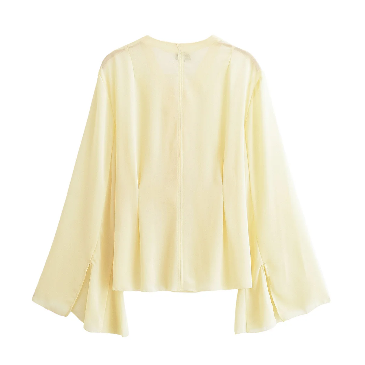 Vrouwelijke Zomer Chic Solid Top Geel Ruche Lange Flare Mouw Dame Top Elegant Chiffon Lace Up Shirt Dames V-hals Losse Shirts