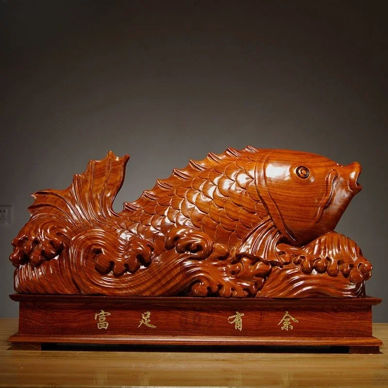 Pear wood carving golden arowana ornament home decoration mahogany crafts