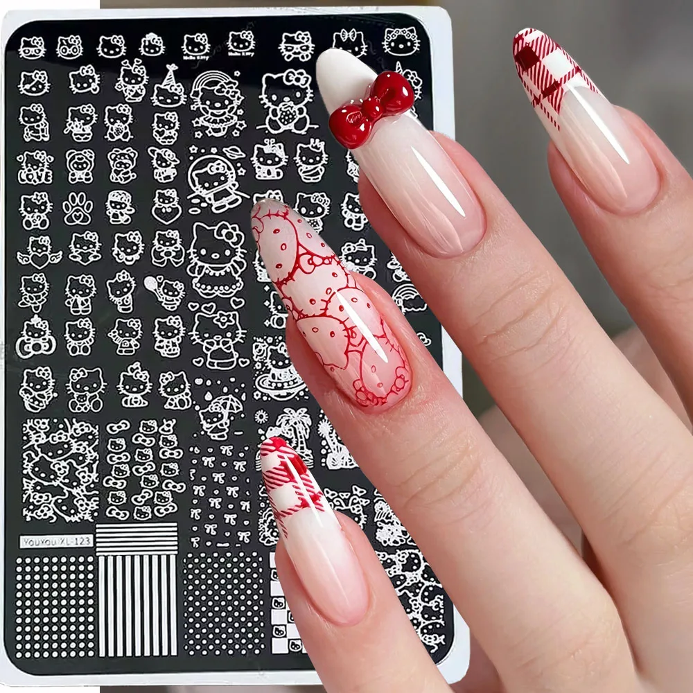 1 pz XL Hello Kitty Design Nail Stamping Piastra Adesivi Occhiali da cartone animato Kitty Cat Head Transfer Nail Piastra d'acciaio Strumenti 14.5*9.5