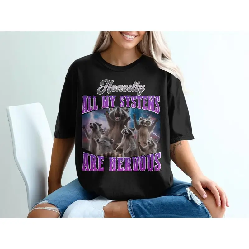 

Honestly All My Systems Are Nervous Vintage T Shirt Retro Funny Raccoon In Space Bootleg Opossum S