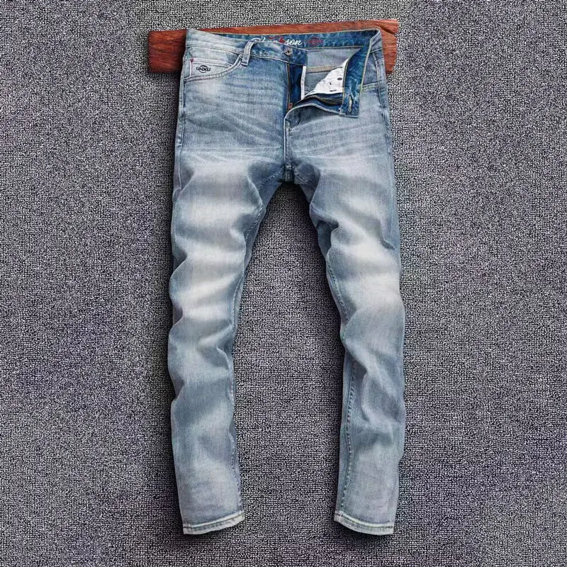 

Fashion Streetwear Men Jeans High Quality Retro Light Blue Stretch Slim Fit Vintage Jeans Selvedeg Designer Red Line Denim Pants