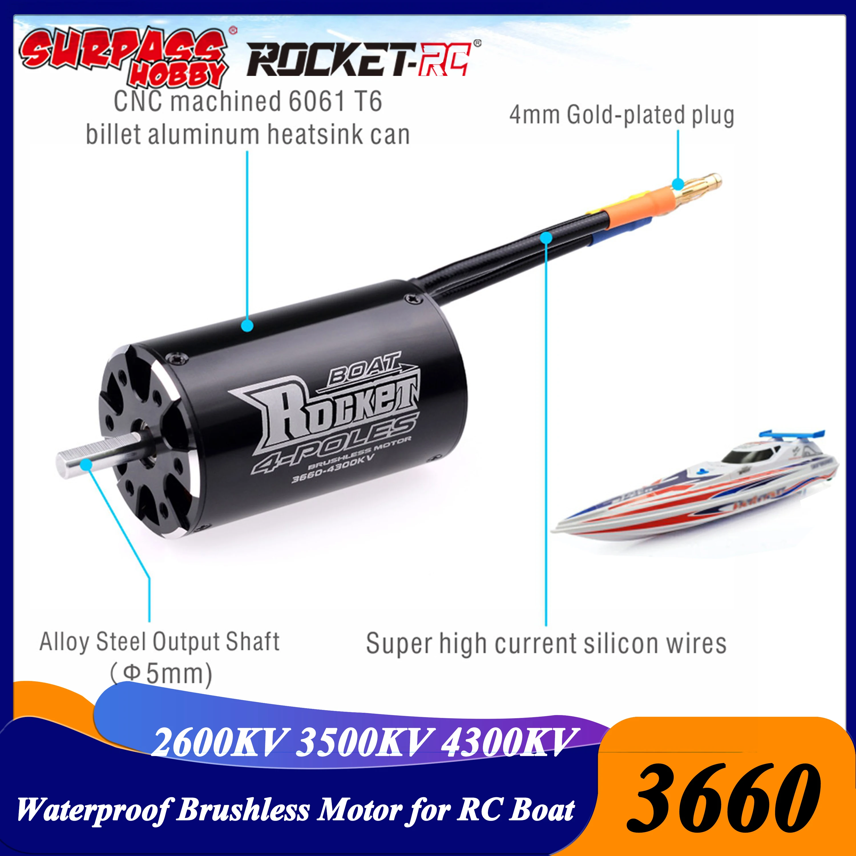 

Surpass Hobby Rocket-RC 3660 2600KV 3500KV 4300KV 5mm Shaft 4 Pole Brushless Motor for 800mm-1000mm RC Boat Ship Traxxas Feilun