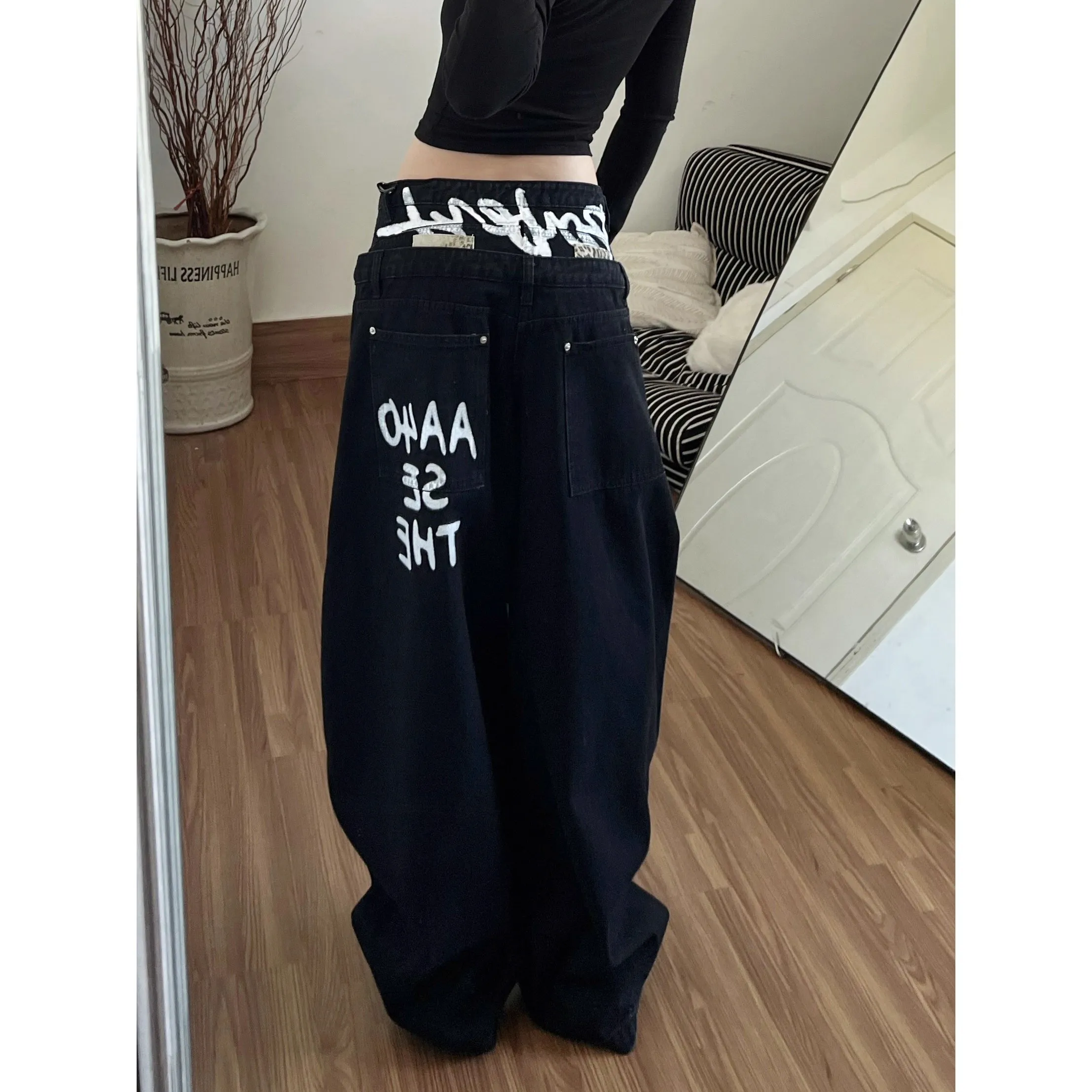 

2026 Fashion New Letter Pattern Printing Baggy Jeans Women Y2K Street Vintage Rock Casual Straight High Waist Wide Leg Trousers