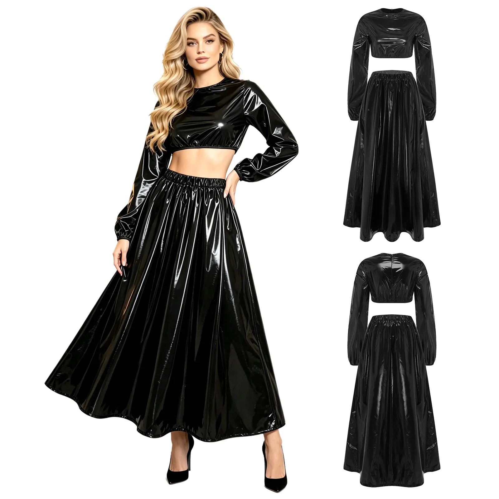 Womens Waterproof 2-piece Outfit Long Sleeve Back Zipper Crop Sweat Top and Swing Hem Maxi Skirt for EDM Music Festival Carnival