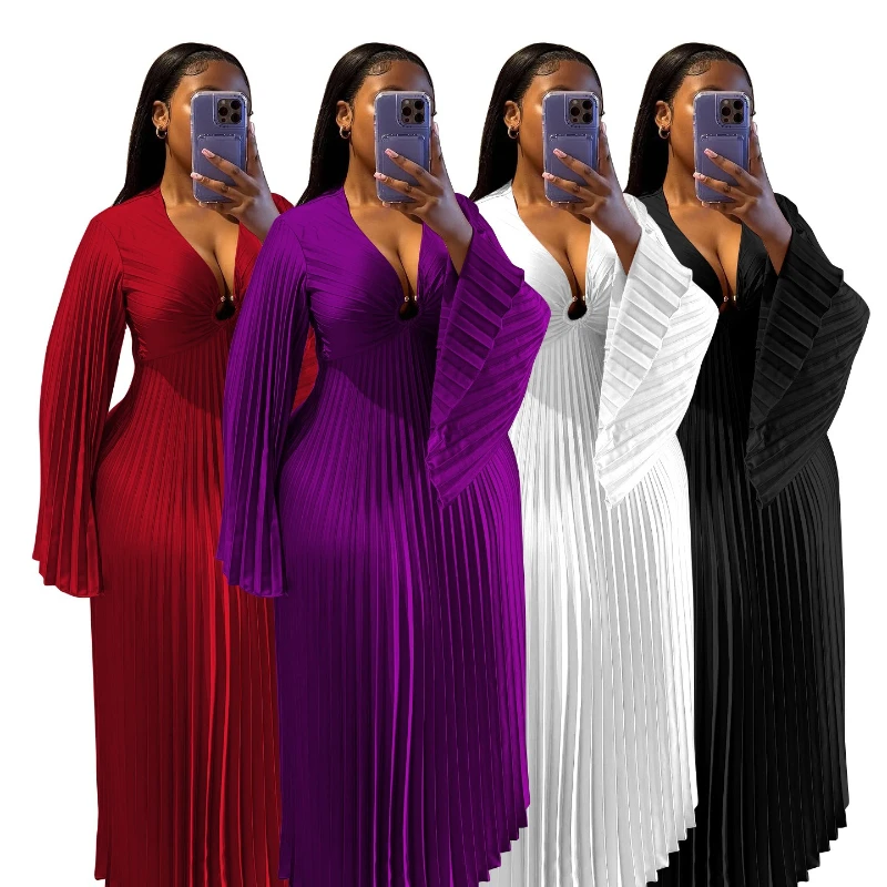 

Women Dresses Long Dress A Line Vestidos Y2k Streetwear Work V Neck Full Sleeve Pleated Solid Elegant Splice Party Night 2026
