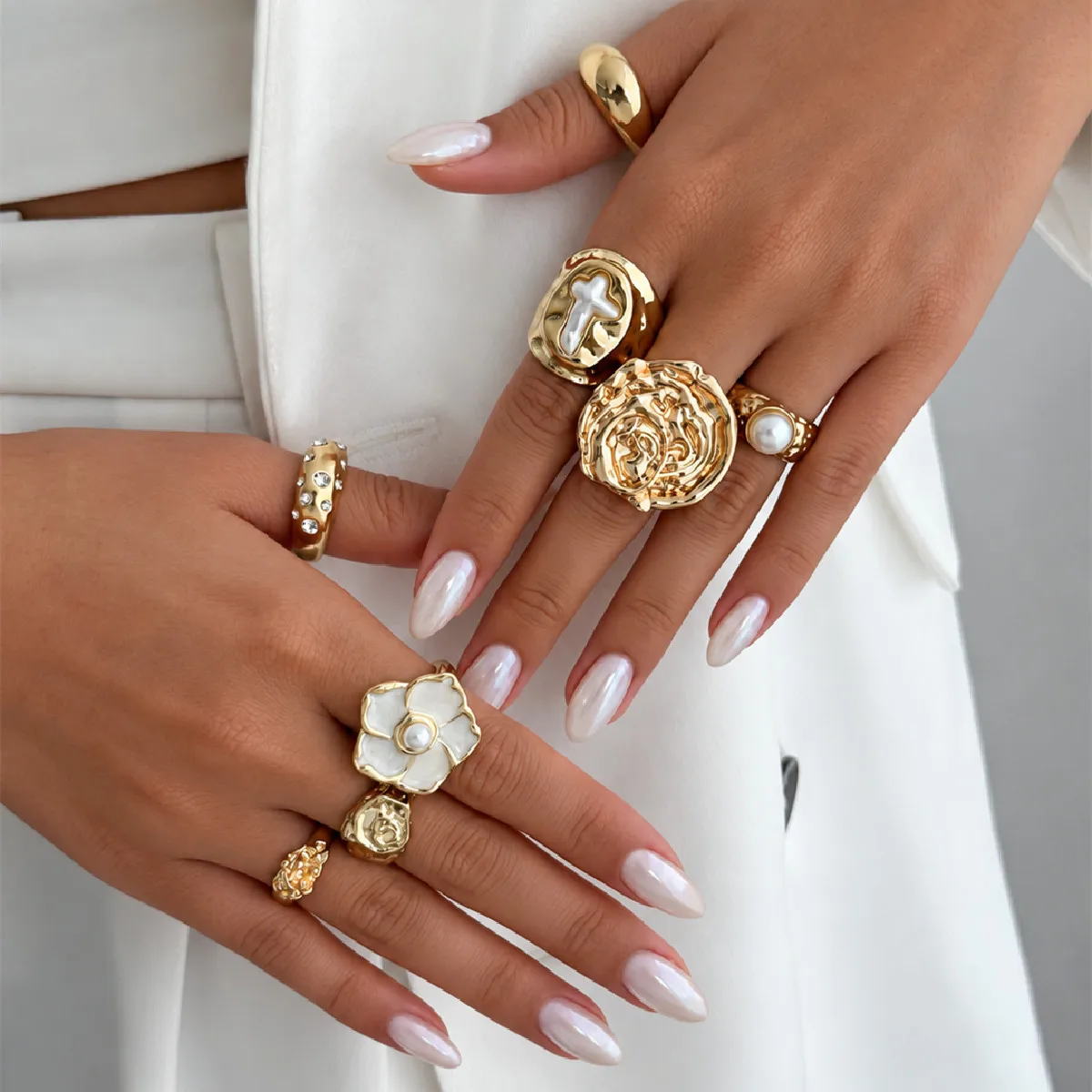 8pcs/set Fashion Metal Pleated Irregular Rings for women Versatile Drip Oil Flower Imitation Pearl Cross Ring Charm Jewelry Set