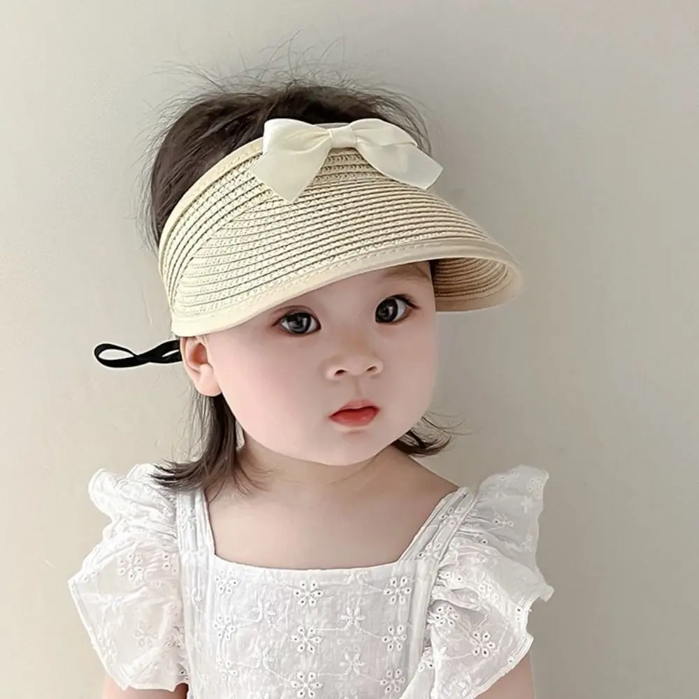 Fashion Korean Baby Straw Caps Anti-UV Wide Brim Bow Straw Hat Sun Protection Empty Top Visor Cap Girls