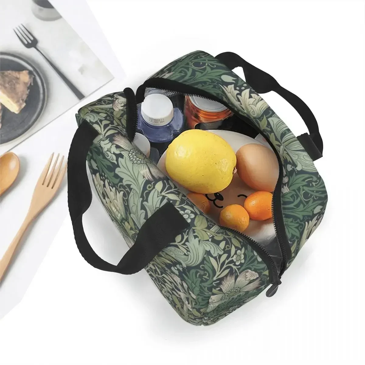 William Morris Vintage Floral Pattern Insulated Lunch Bag Cooler Bag Green Plant Bohemian Flower Portable Lunch Box Tote Travel