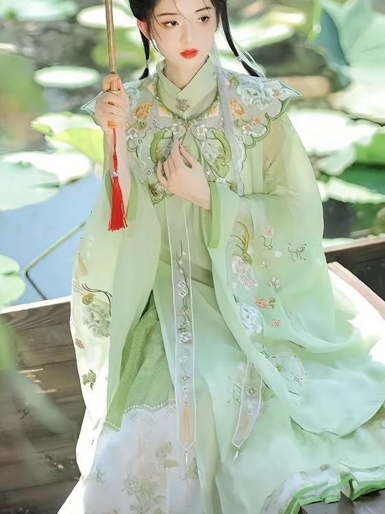 Chinese Style Hanfu Female Ming Dynasty Cloud Shoulder Stand Collar Long Shirt Pleated Dress Ancient Costume Fairy Elegant Suit