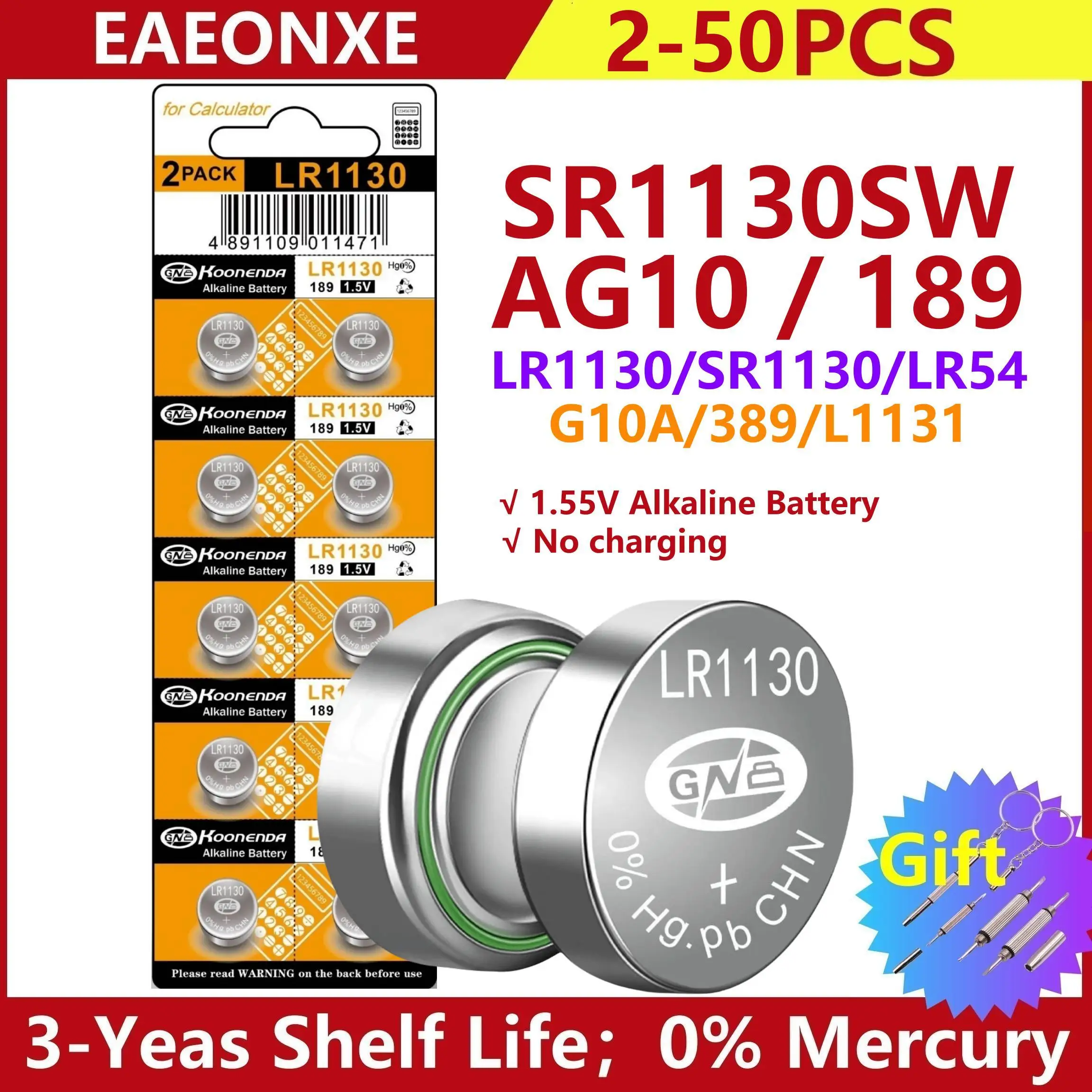 Pilas alcalinas para reloj, Pilas de botón LR1130, AG10, 85mAh, SR1130, 189, 389, LR54, L1131, 389A, 1,5 V