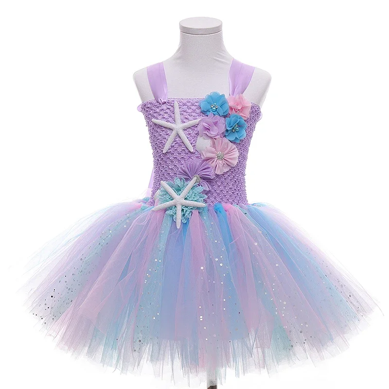 Girl Princess Mermaid Tutu Dress Under the Sea Princess Kids Dresses For Girls Birthday Party Costume With Flower Headband