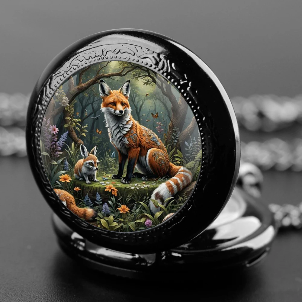 Fox in the Forest orologio da tasca al quarzo con cupola di vetro con catena durevole quadrante con numeri arabi regali creativi per uomo donna bambini