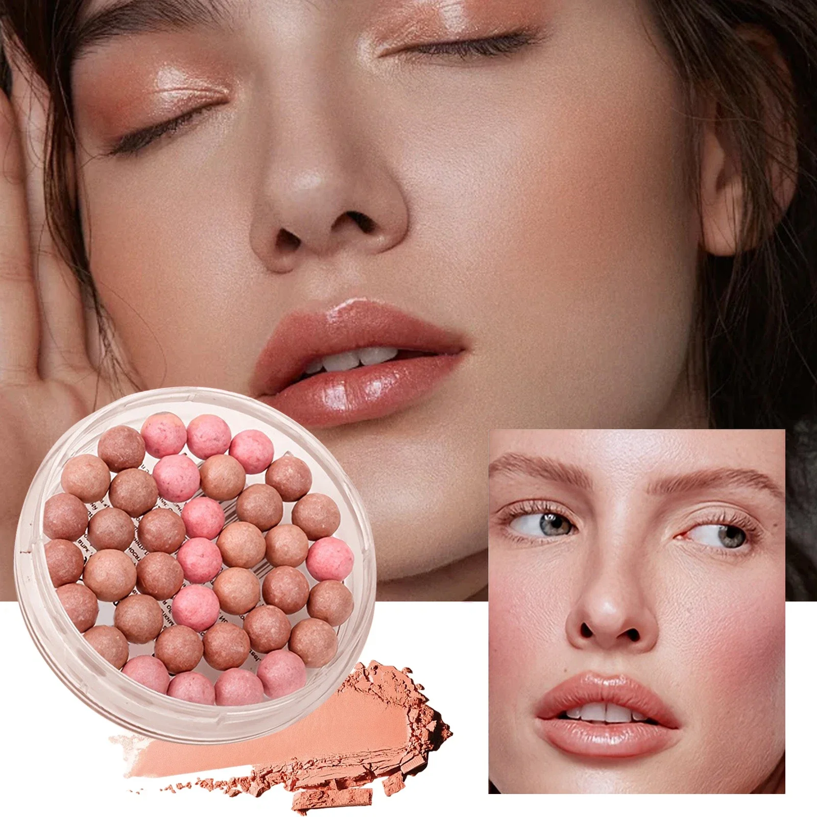 Multi-Tone Powder Blush Pearls with a Brush, Water Resistant Natural Finish Face Blush for All Skin Tones, Various Holiday Makeu
