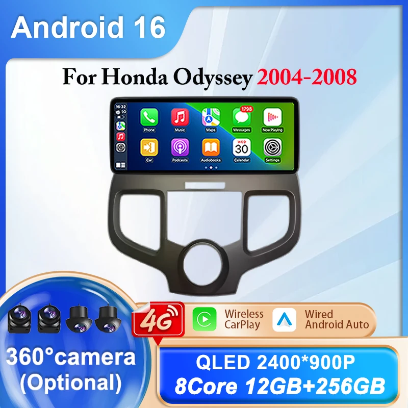 Car Radio Multimedia Video Player GPS Navigation Stereo 360 Camer For Honda Odyssey 2004-2008 Android 16 Auto CarPlay 12.3 Inch