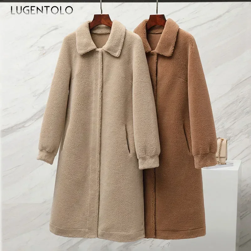 

Women Faux Fur Long Coat Fashion Korean Warm Autumn Winter Quality Lady Elegant 2023 Simple Street Lapel Clothing Lugentolo