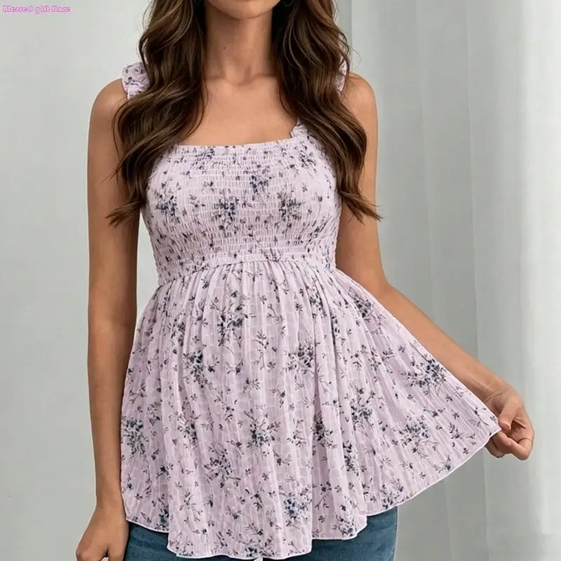 D0JC Floral Print Maternity Top with Square Neck & Adjustable Strait Comfortable Polyester Fabric for Pregnant Women