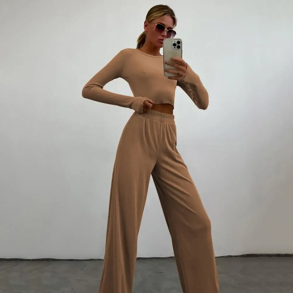 Women 2 Piece Lounge Set Long Sleeve Cropped Pullover Top Wide Leg Pants Set Fall Crewneck Tracksuit Casual Outfits