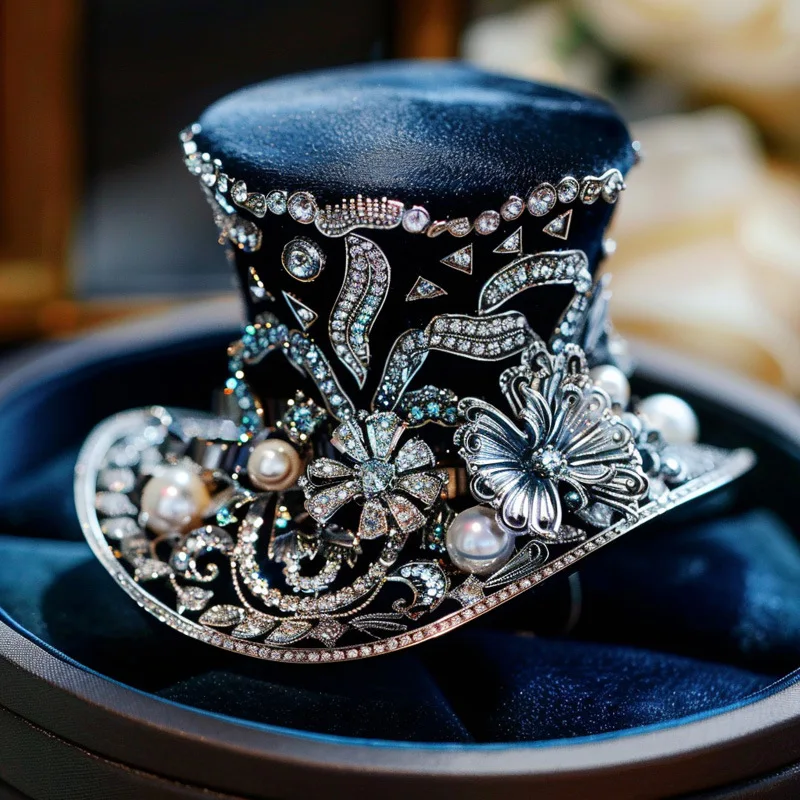 Ethnic Minority Exotic Top Hat Pearl Rhinestone Flat Top Hat Custom Festival Performance Headgear