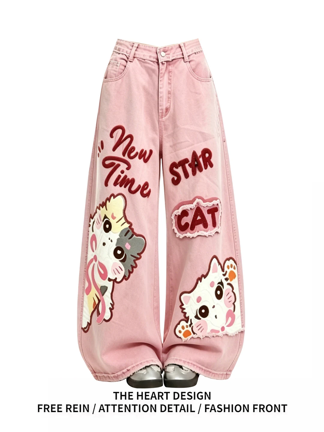 

Fun Pink Cartoon Embroidered Print Wide Leg Jeans Women's Summer New Design Loose Long Jeans High Waist Denim Casual