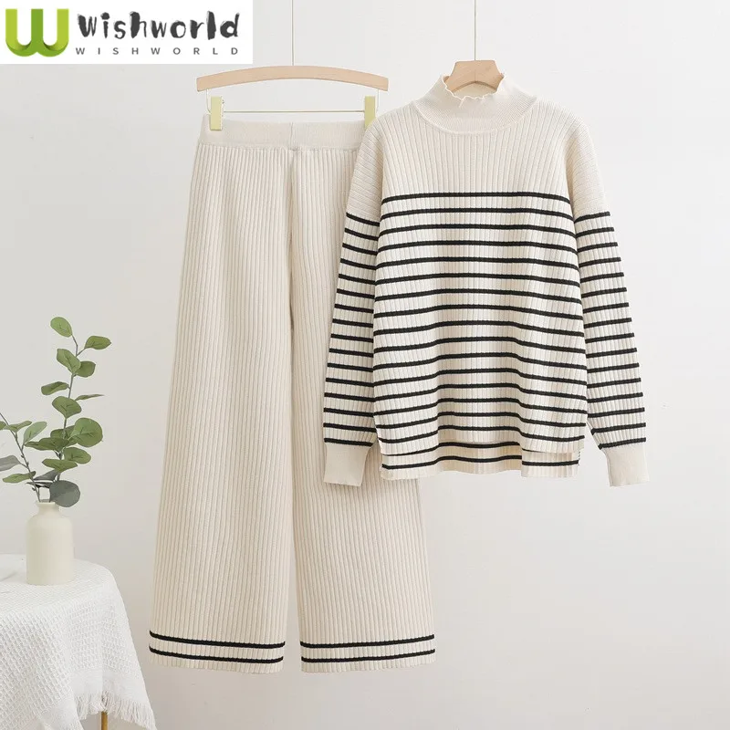Korean Fashion Striped Semi High Neck Sweater Wide Leg Pants Knitted Two-piece Set Spring and Autumn Loose Suit