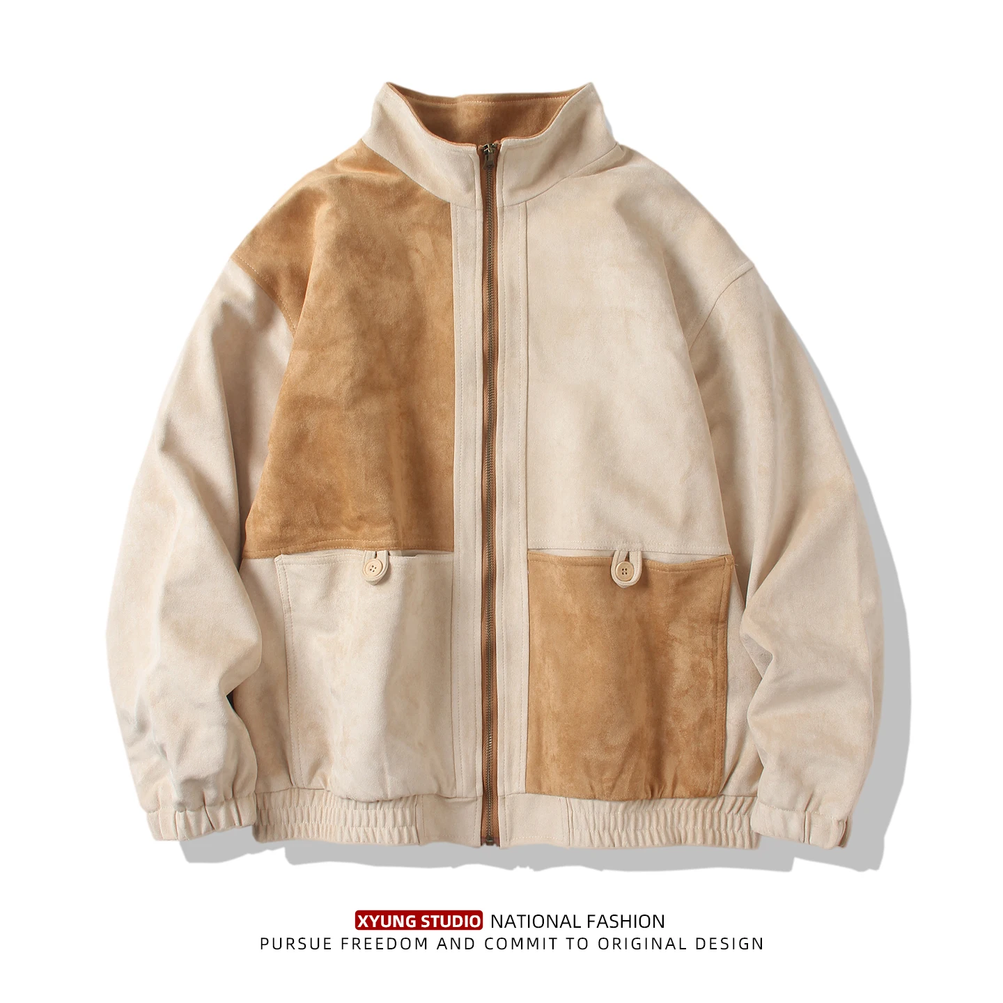 

Loose Fit Suede Jaet Men's Autumn Winter Stand Collar Patchwork Color Baseball Sle Outerwear Japanese Trend Loose Top