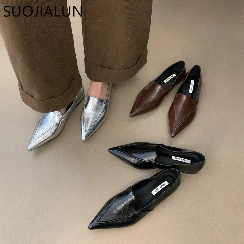 SUOJIALUN Autumn Women Flat Shoes Fashion Sliver Ladies Elegant Boat Shoes Pointed Toe Slip On Flat Heel Casual Outdoor Laofers