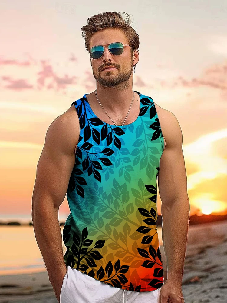 Summer Beach Casual Tops Hawaiian Style Men's Tank Tops Outdoor Vacation Loose Comfortable Men's Tank Top Cartoon Seaside Print