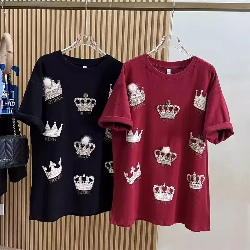 

L-4XL Plus Size Casual T Shirts for Women Crowns Rhinestone Summer Short Sleeve Loose Tops Womens Clothing Занзеа Женская Одежда