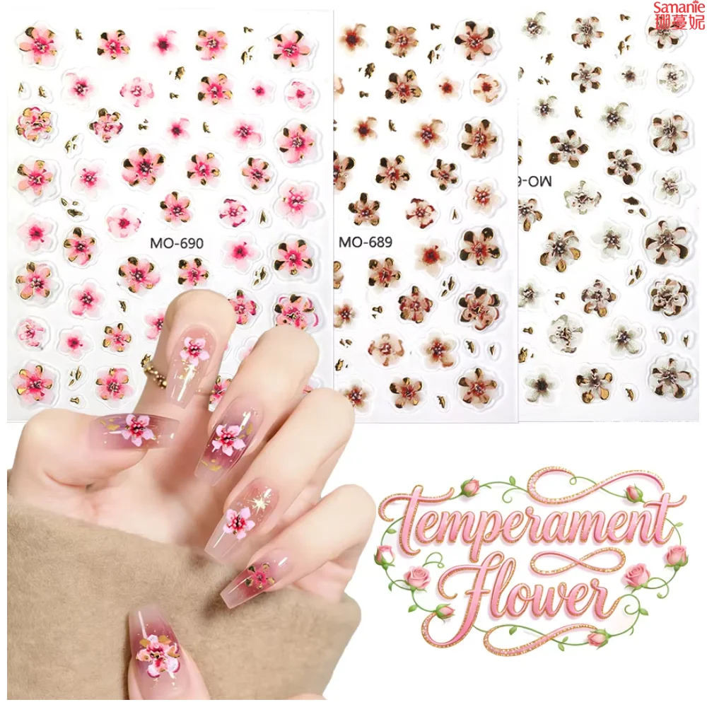 1pc 5D Embossed Cherry Blossom Nail Stickers Gold Bronzing Petals Pink Floral Nail Decals Japanese Style Sakura Nail Decorations
