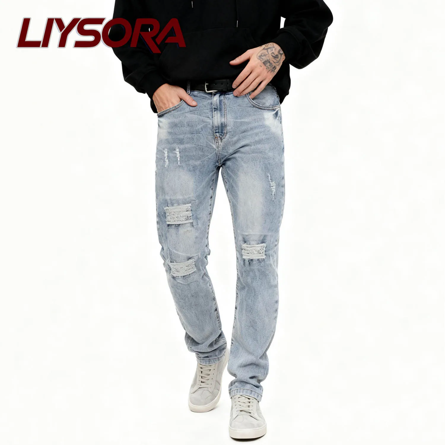 جديد الرجال مايكرو مطاطا مستقيم الساق الدنيم السراويل نحيل رجال الأعمال السراويل سستة المألوف تنوعا الجينز ممزق الدينيم