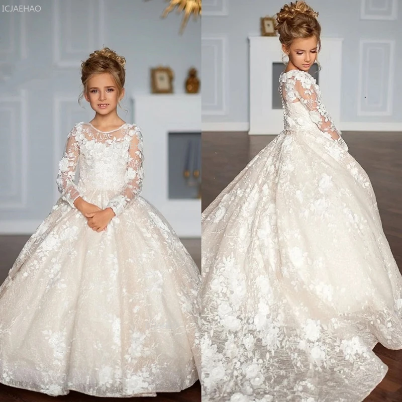 Girls Evening Dress Princess Party Gown with Long Girl Children Pageant European American Train for Piano Performance Flower