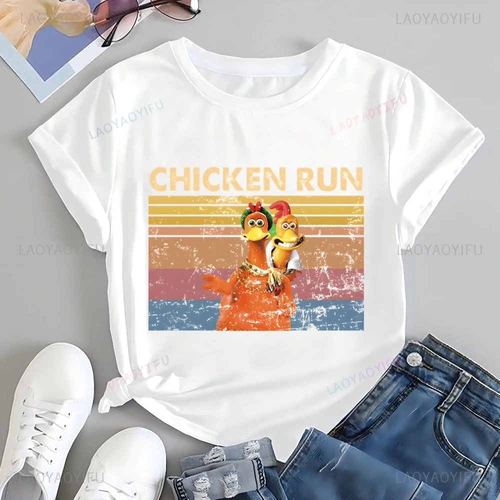 Stylish Vintage CHICKEN RUN Printed T-shirt Top Neutral Trend Harajuku Short Sleeve Unisex Shirt Pattern Large T-shirt