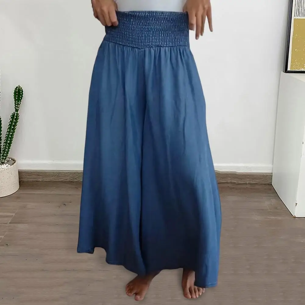 Pantalones informales holgados para mujer, pantalones elegantes de pierna ancha con bolsillos elásticos de cintura alta, pantalones cómodos de salón para uso diario