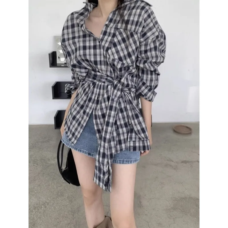 

Turn Down Collar Lace-up Casual Long Sleeve Shirt Women 2025 Autumn New Korean Style Contrast Color Plaid Loose Tops