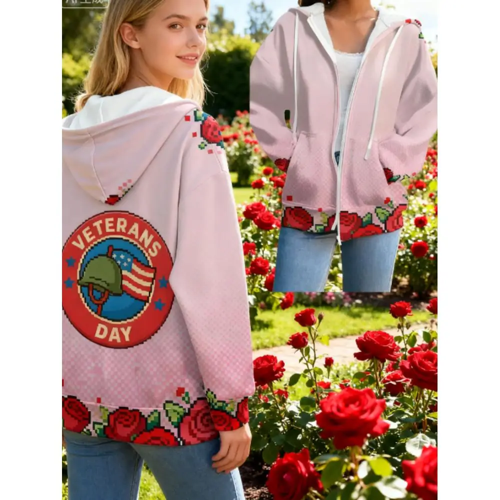 سويت شيرت بغطاء للرأس بطابع يوم المحاربين القدامى ثلاثي الأبعاد مطبوع بالكامل بكسل وردي وعنصر عسكري، معطف وردي تذكاري فريد من نوعه #1