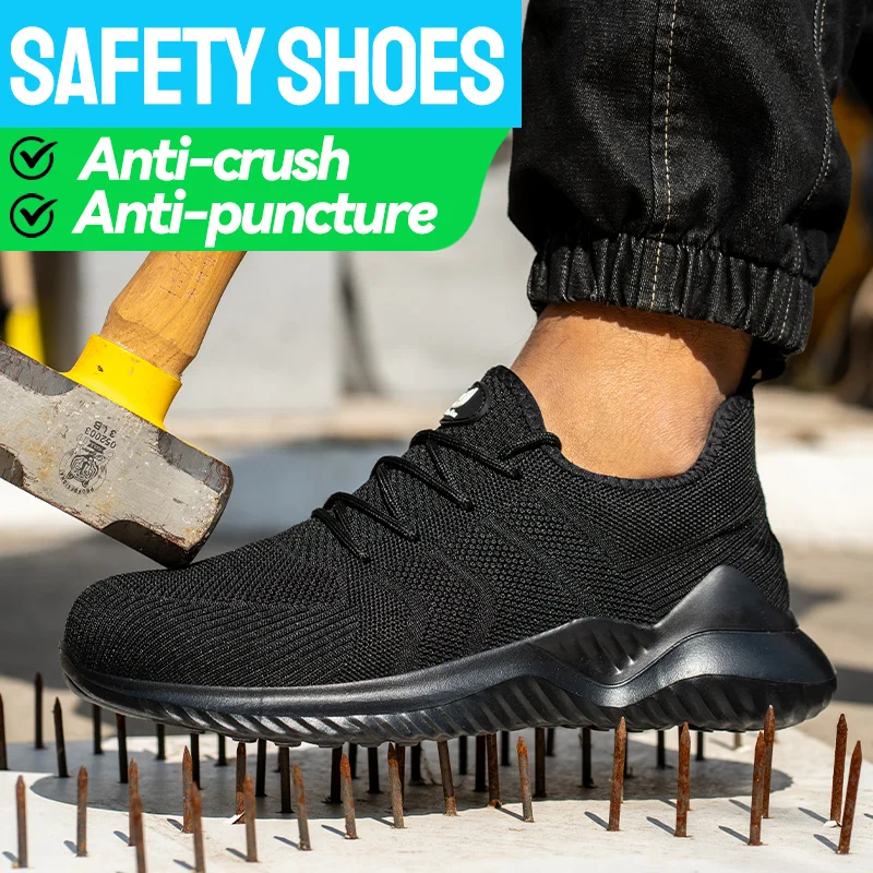 Mens Work Shoes Steel Toe Safety Boots Anti-smash Shoes Mens Black Hiking Boots Lightweight Breathable Sneakers for Outdoor Work