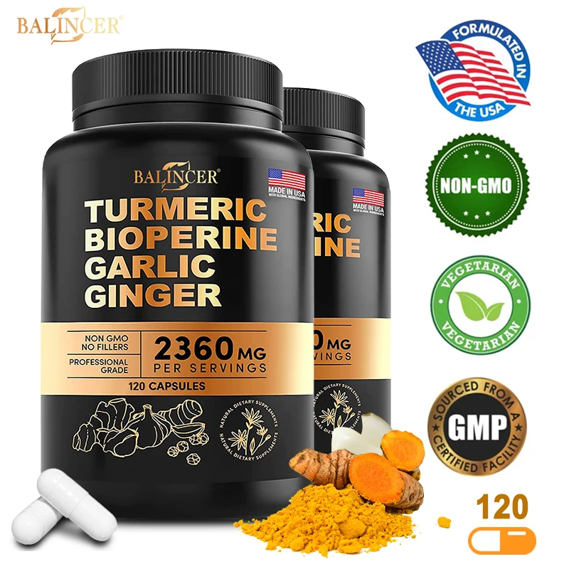 

4-in-1 Turmeric and Garlic Supplements - 2360mg Turmeric Ginger Root Capsules with Garlic - High Potency Herbal Blend