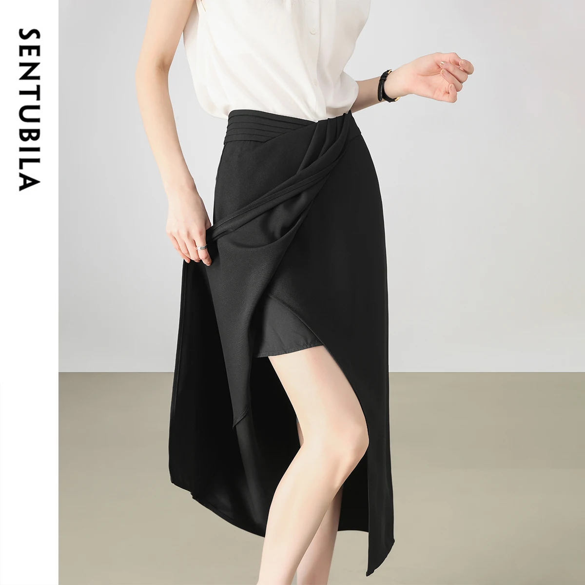 

‌SENTUBILA Women's Black Wrap Skirt 2025 Summer Elegant Fashion Office Lady High Waist Midi Skirts Ladies Clothes 152QE011