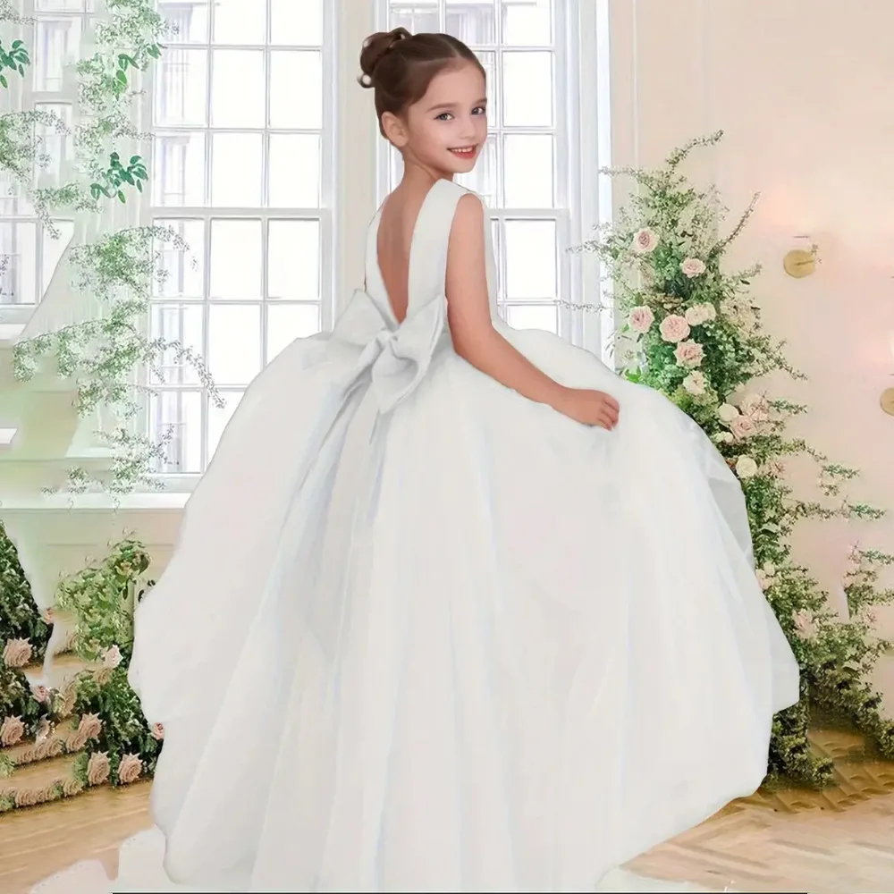 Big Bowknot On The Back Children's Wedding Dress White Dress For Girls Baptismal Costume Elegant Girl Princess Puffy Dress Gown