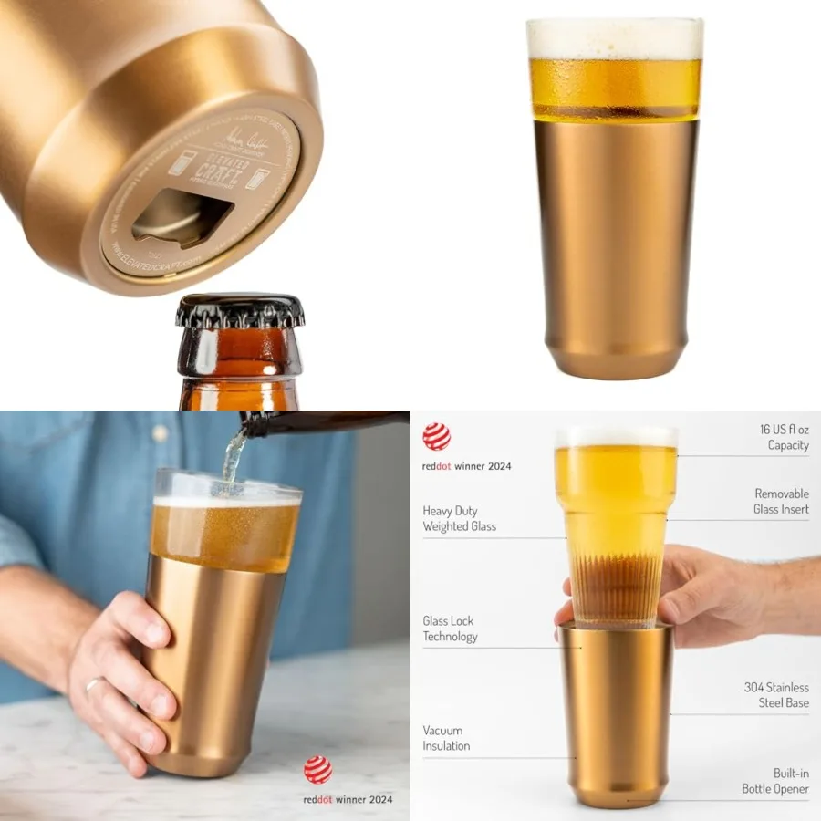 

Hybrid Vacuum Insulated Base with Removable Pint Glass Insert, Ideal Insulation for Beers Cold Beverages with Built-in Bottle O