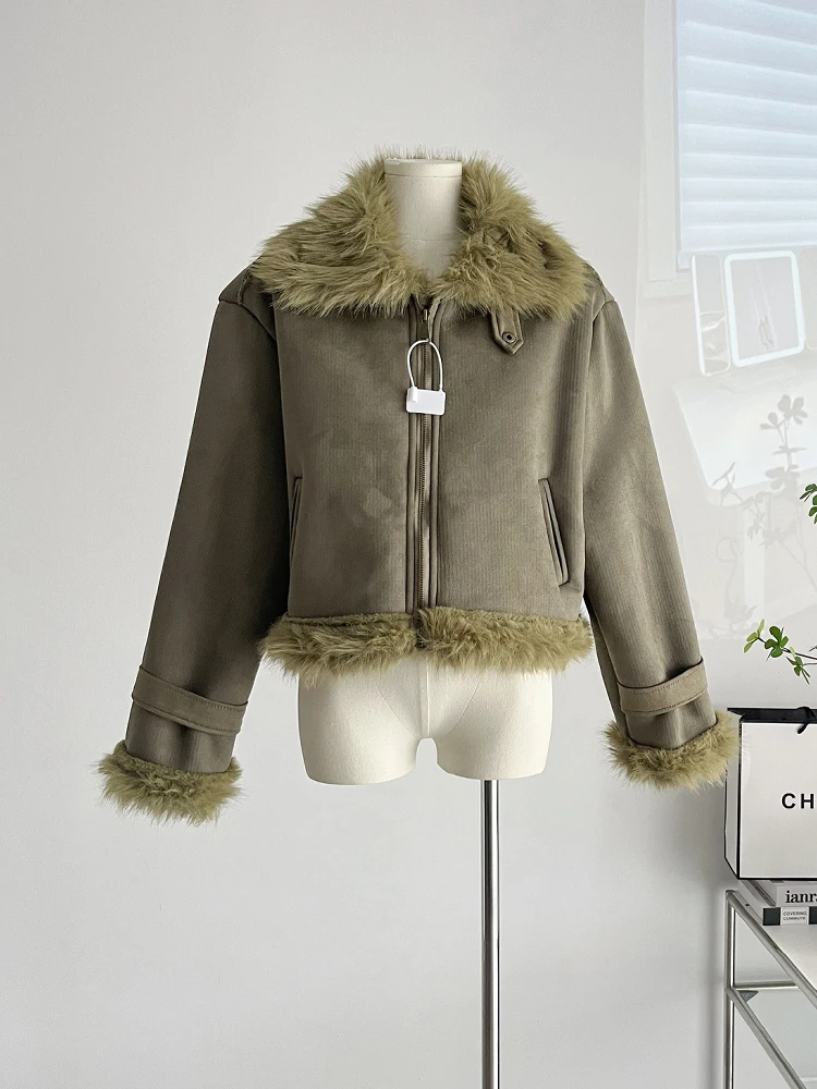 American Retro Woolen Coat Turn-Down Collar Vintage Long Sleeve Green Leather Jacket Cozy Outerwear High Street Autumn Winter