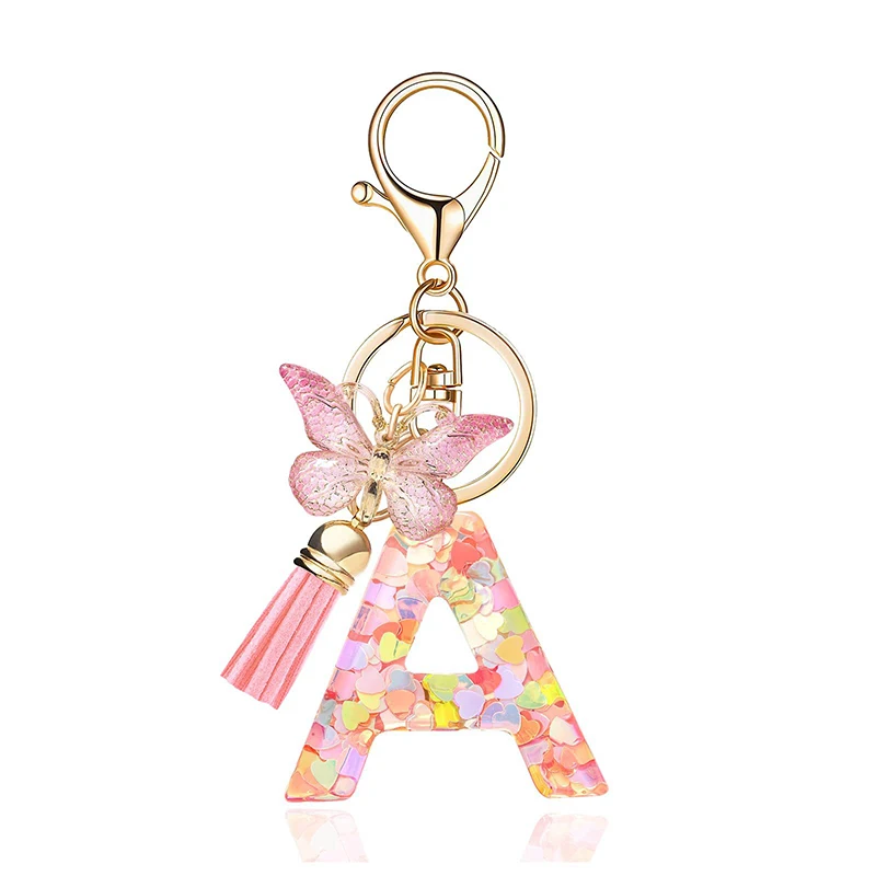 Fashion Pink Glazed Stone A To Z Letter Keychain 26 Initials Alphabet Butterfly Tassel Pendant Car Key Chain Women Jewelry GIfts